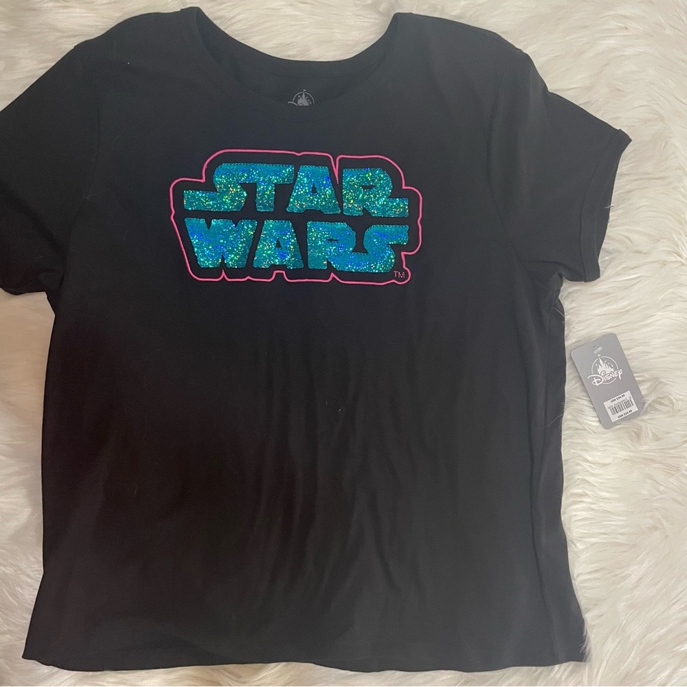 NWT Disney Star Wars Logo Sequins Black Women’s T-shirt Short Sleeve Top XL - Picture 2 of 9